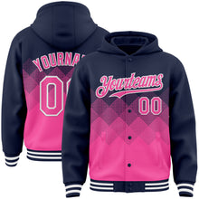 Загрузить изображение в средство просмотра галереи, Custom Navy Pink-White Gradient Square Shape 3D Pattern Design Bomber Full-Snap Varsity Letterman Hoodie Jacket
