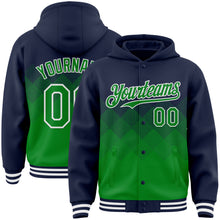 Загрузить изображение в средство просмотра галереи, Custom Navy Grass Green-White Gradient Square Shape 3D Pattern Design Bomber Full-Snap Varsity Letterman Hoodie Jacket
