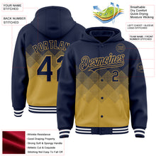 Загрузить изображение в средство просмотра галереи, Custom Navy Old Gold-White Gradient Square Shape 3D Pattern Design Bomber Full-Snap Varsity Letterman Hoodie Jacket
