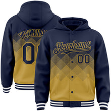 Загрузить изображение в средство просмотра галереи, Custom Navy Old Gold-White Gradient Square Shape 3D Pattern Design Bomber Full-Snap Varsity Letterman Hoodie Jacket
