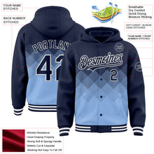 Загрузить изображение в средство просмотра галереи, Custom Navy Light Blue-White Gradient Square Shape 3D Pattern Design Bomber Full-Snap Varsity Letterman Hoodie Jacket
