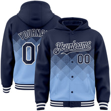 Загрузить изображение в средство просмотра галереи, Custom Navy Light Blue-White Gradient Square Shape 3D Pattern Design Bomber Full-Snap Varsity Letterman Hoodie Jacket
