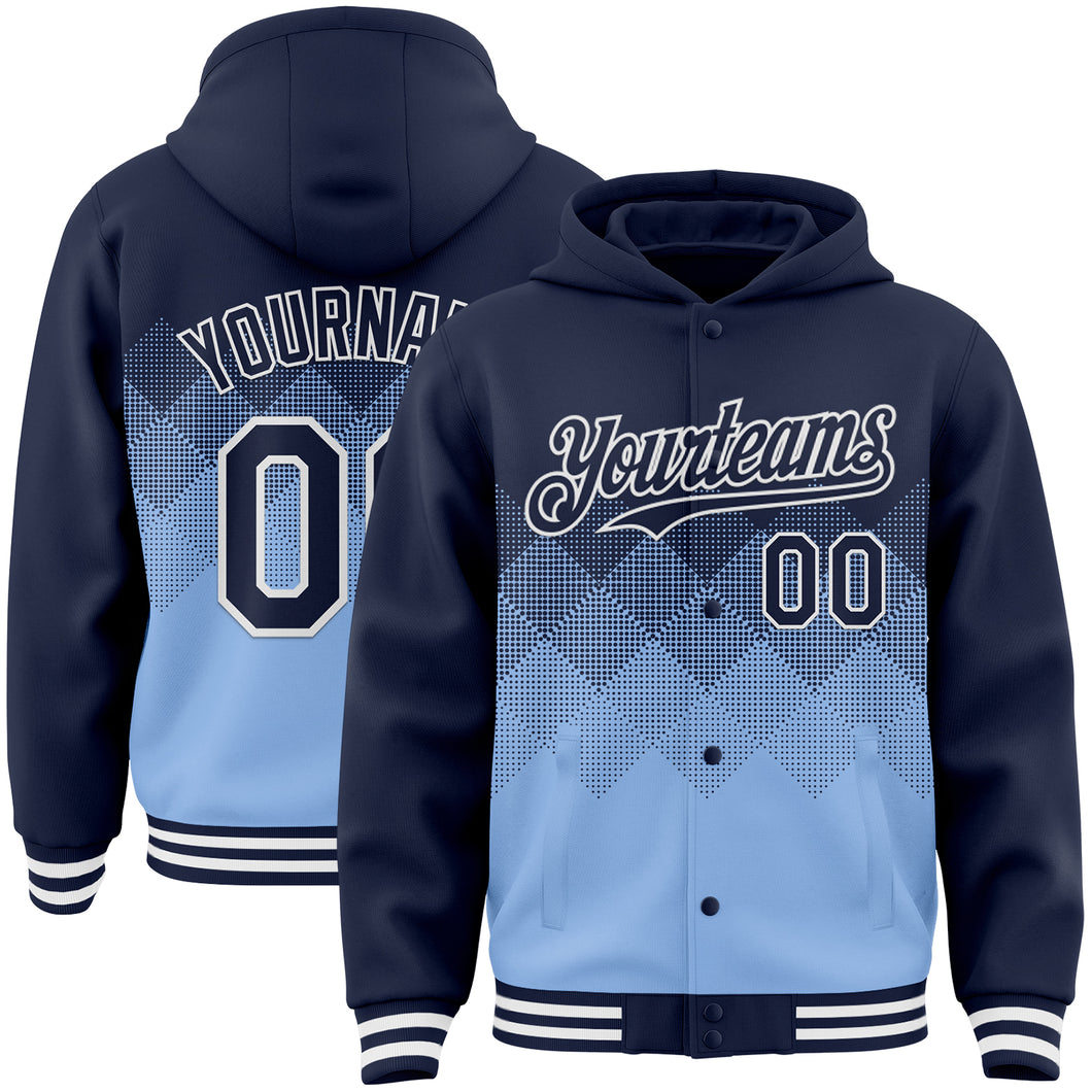 Custom Navy Light Blue-White Gradient Square Shape 3D Pattern Design Bomber Full-Snap Varsity Letterman Hoodie Jacket