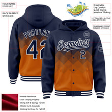 Загрузить изображение в средство просмотра галереи, Custom Navy Texas Orange-White Gradient Square Shape 3D Pattern Design Bomber Full-Snap Varsity Letterman Hoodie Jacket
