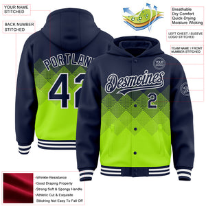 Custom Navy Neon Green-White Gradient Square Shape 3D Pattern Design Bomber Full-Snap Varsity Letterman Hoodie Jacket