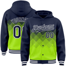 Charger l&#39;image dans la galerie, Custom Navy Neon Green-White Gradient Square Shape 3D Pattern Design Bomber Full-Snap Varsity Letterman Hoodie Jacket
