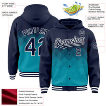 Charger l&#39;image dans la galerie, Custom Navy Teal-White Gradient Square Shape 3D Pattern Design Bomber Full-Snap Varsity Letterman Hoodie Jacket
