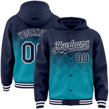 Charger l&#39;image dans la galerie, Custom Navy Teal-White Gradient Square Shape 3D Pattern Design Bomber Full-Snap Varsity Letterman Hoodie Jacket
