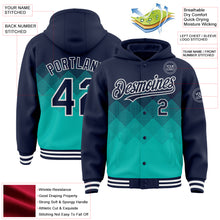 Загрузить изображение в средство просмотра галереи, Custom Navy Aqua-White Gradient Square Shape 3D Pattern Design Bomber Full-Snap Varsity Letterman Hoodie Jacket
