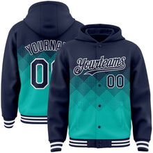 Загрузить изображение в средство просмотра галереи, Custom Navy Aqua-White Gradient Square Shape 3D Pattern Design Bomber Full-Snap Varsity Letterman Hoodie Jacket
