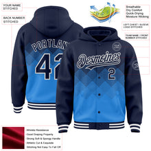 Загрузить изображение в средство просмотра галереи, Custom Navy Powder Blue-White Gradient Square Shape 3D Pattern Design Bomber Full-Snap Varsity Letterman Hoodie Jacket
