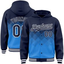 Загрузить изображение в средство просмотра галереи, Custom Navy Powder Blue-White Gradient Square Shape 3D Pattern Design Bomber Full-Snap Varsity Letterman Hoodie Jacket
