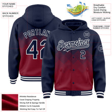 Charger l&#39;image dans la galerie, Custom Navy Crimson-White Gradient Square Shape 3D Pattern Design Bomber Full-Snap Varsity Letterman Hoodie Jacket
