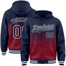 Charger l&#39;image dans la galerie, Custom Navy Crimson-White Gradient Square Shape 3D Pattern Design Bomber Full-Snap Varsity Letterman Hoodie Jacket
