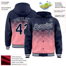 Загрузить изображение в средство просмотра галереи, Custom Navy Medium Pink-White Gradient Square Shape 3D Pattern Design Bomber Full-Snap Varsity Letterman Hoodie Jacket
