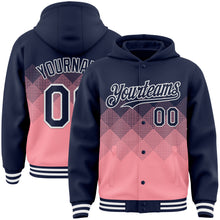 Загрузить изображение в средство просмотра галереи, Custom Navy Medium Pink-White Gradient Square Shape 3D Pattern Design Bomber Full-Snap Varsity Letterman Hoodie Jacket
