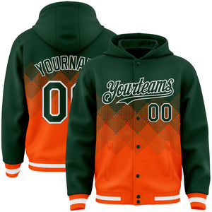 Custom Green Orange-White Gradient Square Shape 3D Pattern Design Bomber Full-Snap Varsity Letterman Hoodie Jacket