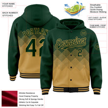 Charger l&#39;image dans la galerie, Custom Green Old Gold-Black Gradient Square Shape 3D Pattern Design Bomber Full-Snap Varsity Letterman Hoodie Jacket
