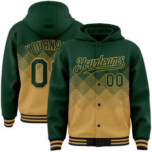 Custom Green Old Gold-Black Gradient Square Shape 3D Pattern Design Bomber Full-Snap Varsity Letterman Hoodie Jacket