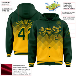 Custom Green Gold Gradient Square Shape 3D Pattern Design Bomber Full-Snap Varsity Letterman Hoodie Jacket