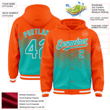 Загрузить изображение в средство просмотра галереи, Custom Orange Aqua-White Gradient Square Shape 3D Pattern Design Bomber Full-Snap Varsity Letterman Hoodie Jacket
