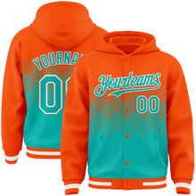 Загрузить изображение в средство просмотра галереи, Custom Orange Aqua-White Gradient Square Shape 3D Pattern Design Bomber Full-Snap Varsity Letterman Hoodie Jacket
