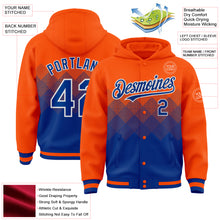 Charger l&#39;image dans la galerie, Custom Orange Royal-White Gradient Square Shape 3D Pattern Design Bomber Full-Snap Varsity Letterman Hoodie Jacket
