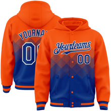 Charger l&#39;image dans la galerie, Custom Orange Royal-White Gradient Square Shape 3D Pattern Design Bomber Full-Snap Varsity Letterman Hoodie Jacket
