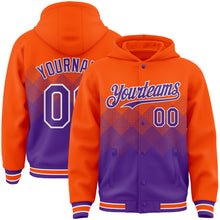 Загрузить изображение в средство просмотра галереи, Custom Orange Purple-White Gradient Square Shape 3D Pattern Design Bomber Full-Snap Varsity Letterman Hoodie Jacket
