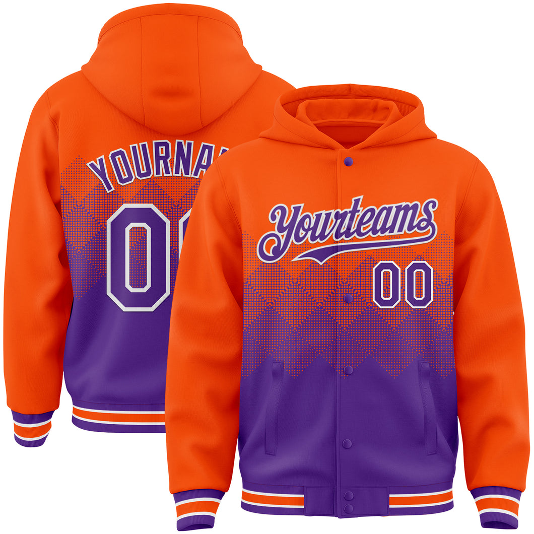 Custom Orange Purple-White Gradient Square Shape 3D Pattern Design Bomber Full-Snap Varsity Letterman Hoodie Jacket