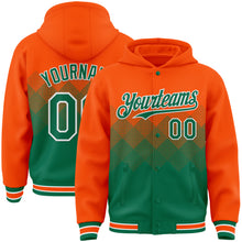 Charger l&#39;image dans la galerie, Custom Orange Kelly Green-White Gradient Square Shape 3D Pattern Design Bomber Full-Snap Varsity Letterman Hoodie Jacket
