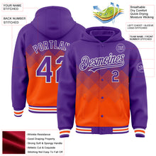 Charger l&#39;image dans la galerie, Custom Purple Orange-White Gradient Square Shape 3D Pattern Design Bomber Full-Snap Varsity Letterman Hoodie Jacket
