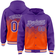 Charger l&#39;image dans la galerie, Custom Purple Orange-White Gradient Square Shape 3D Pattern Design Bomber Full-Snap Varsity Letterman Hoodie Jacket
