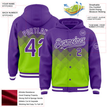 Charger l&#39;image dans la galerie, Custom Purple Neon Green-White Gradient Square Shape 3D Pattern Design Bomber Full-Snap Varsity Letterman Hoodie Jacket
