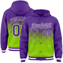 Charger l&#39;image dans la galerie, Custom Purple Neon Green-White Gradient Square Shape 3D Pattern Design Bomber Full-Snap Varsity Letterman Hoodie Jacket
