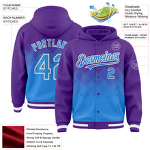 Загрузить изображение в средство просмотра галереи, Custom Purple Powder Blue-White Gradient Square Shape 3D Pattern Design Bomber Full-Snap Varsity Letterman Hoodie Jacket
