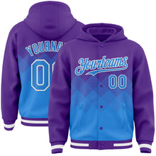 Загрузить изображение в средство просмотра галереи, Custom Purple Powder Blue-White Gradient Square Shape 3D Pattern Design Bomber Full-Snap Varsity Letterman Hoodie Jacket
