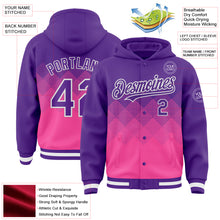 Charger l&#39;image dans la galerie, Custom Purple Pink-White Gradient Square Shape 3D Pattern Design Bomber Full-Snap Varsity Letterman Hoodie Jacket
