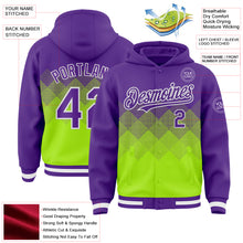 Charger l&#39;image dans la galerie, Custom Purple Neon Green-White Gradient Square Shape 3D Pattern Design Bomber Full-Snap Varsity Letterman Hoodie Jacket
