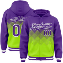 Charger l&#39;image dans la galerie, Custom Purple Neon Green-White Gradient Square Shape 3D Pattern Design Bomber Full-Snap Varsity Letterman Hoodie Jacket
