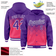 Charger l&#39;image dans la galerie, Custom Purple Neon Pink-White Gradient Square Shape 3D Pattern Design Bomber Full-Snap Varsity Letterman Hoodie Jacket
