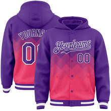 Charger l&#39;image dans la galerie, Custom Purple Neon Pink-White Gradient Square Shape 3D Pattern Design Bomber Full-Snap Varsity Letterman Hoodie Jacket
