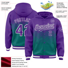 Charger l&#39;image dans la galerie, Custom Purple Teal-White Gradient Square Shape 3D Pattern Design Bomber Full-Snap Varsity Letterman Hoodie Jacket
