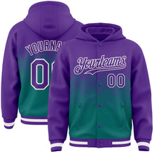 Charger l&#39;image dans la galerie, Custom Purple Teal-White Gradient Square Shape 3D Pattern Design Bomber Full-Snap Varsity Letterman Hoodie Jacket
