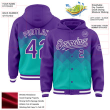 Charger l&#39;image dans la galerie, Custom Purple Aqua-White Gradient Square Shape 3D Pattern Design Bomber Full-Snap Varsity Letterman Hoodie Jacket
