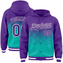 Charger l&#39;image dans la galerie, Custom Purple Aqua-White Gradient Square Shape 3D Pattern Design Bomber Full-Snap Varsity Letterman Hoodie Jacket
