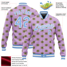 Загрузить изображение в средство просмотра галереи, Custom Light Purple Light Blue-White Evil Eyes 3D Pattern Design Bomber Full-Snap Varsity Letterman Jacket
