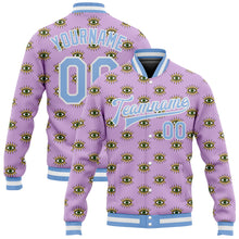 Загрузить изображение в средство просмотра галереи, Custom Light Purple Light Blue-White Evil Eyes 3D Pattern Design Bomber Full-Snap Varsity Letterman Jacket
