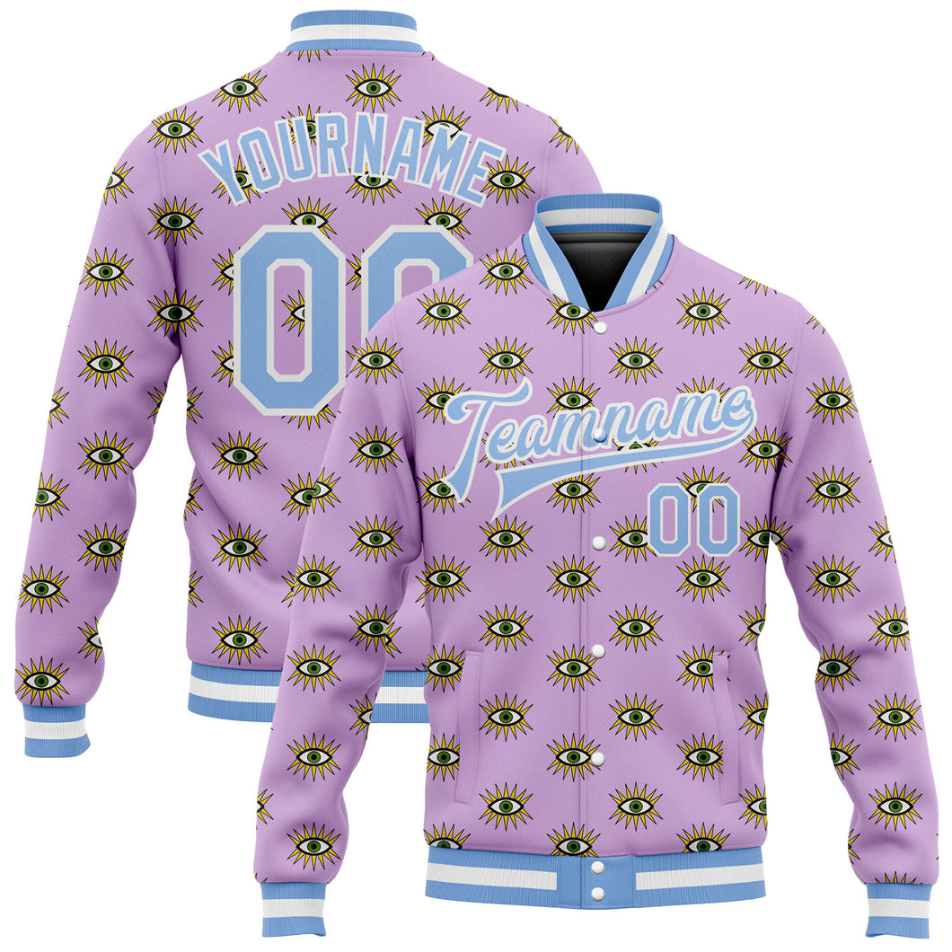 Custom Light Purple Light Blue-White Evil Eyes 3D Pattern Design Bomber Full-Snap Varsity Letterman Jacket