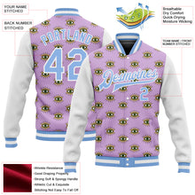 Загрузить изображение в средство просмотра галереи, Custom Light Purple Light Blue-White Evil Eyes 3D Pattern Design Bomber Full-Snap Varsity Letterman Jacket
